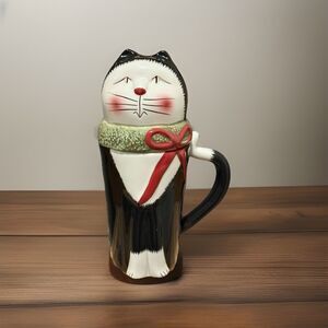Vintage Fiddlestix Designed By Omeida Christmas Cat Ceramic 16oz Mug With Lid